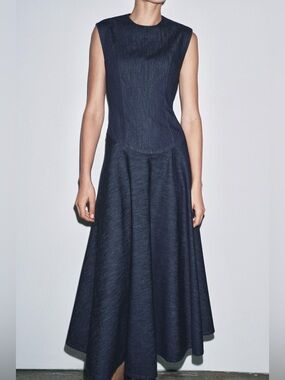 ZARA Denim Sleeveless Open Back A-Line Midi Dress. XS